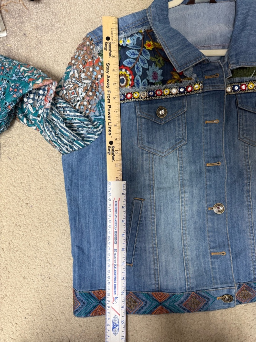 Multiples Blue Denim Jacket with Multicolor Embroidered Sleeves - Picture 8 of 10